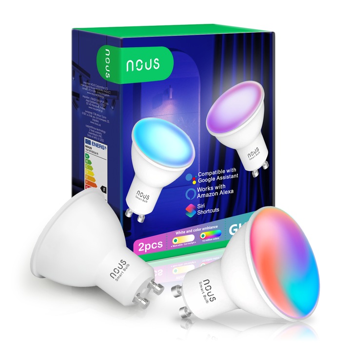 Комплект 2 смарт RGB LED крушки Nous P8, Wi-Fi, GU10, 4.5W, 350 лумена, Бяла и цветна светлина (2700-6500K), Управление от приложението, Съвместими с Google Home/Amazon Alexa, Енергиен клас F
