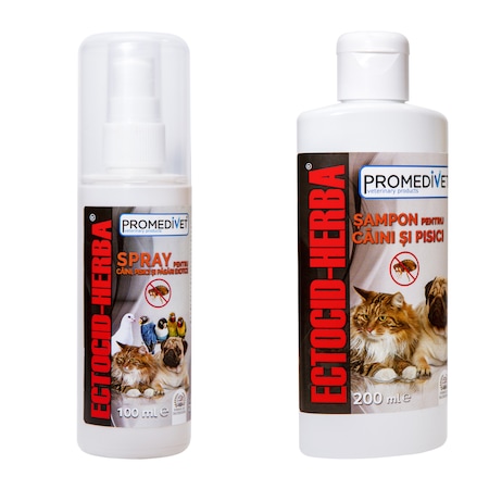Pachet antiparazitar Sampon 200ml si Spray 100ml, Ectocid Herba Vital, impotriva Capuselor, Puricilor si Paduchilor, pentru caini si pisici