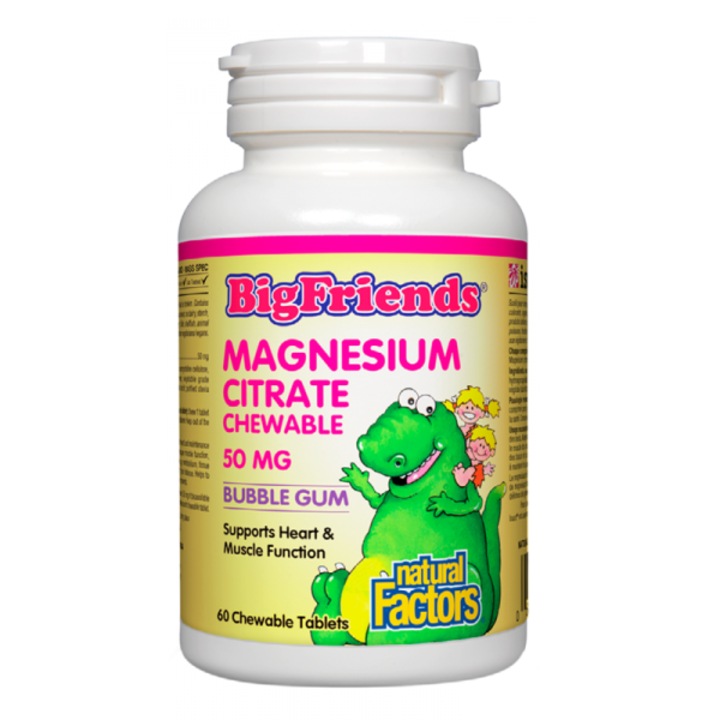 Supliment alimentar, Natural Factors, Citrat de magneziu Big Friends, Pentru copii, Aroma de guma de mestecat, 50 mg, 60 comprimate