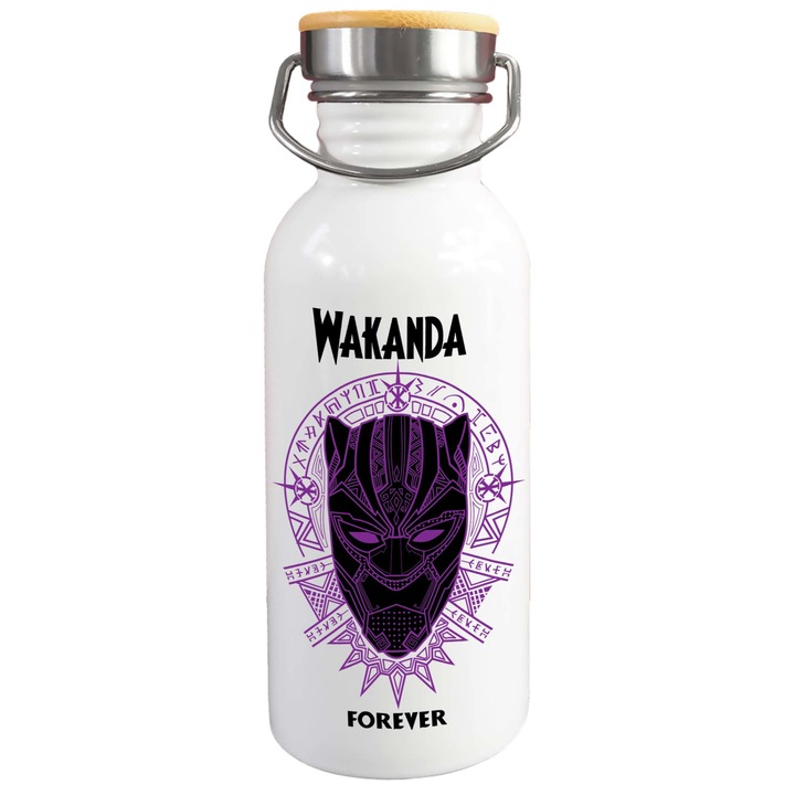 Стоманена бутилка за вода с принт Avengers Wacanda forever, Tralala, 650 ml, бяла