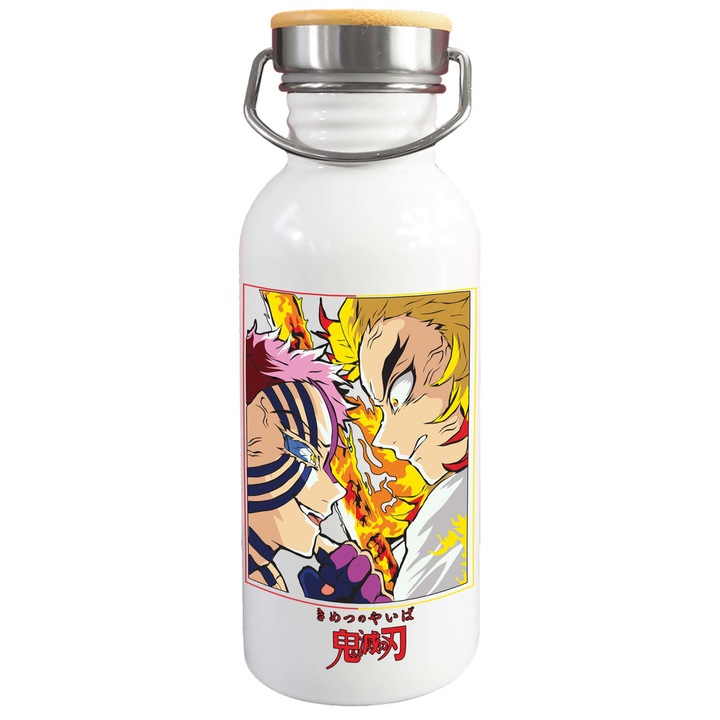 Стоманена бутилка за вода с принт Demon Slayer Rengoku VS Akaza, Tralala, 650 ml, бяла