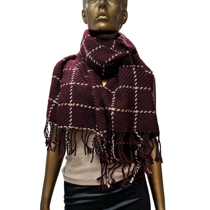 Esarfa dama, JUP, Acril, Model carouri, 180x118 cm, Visiniu