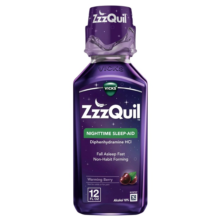 ZzzQuil étrendkiegészítő, melatoninnal, kamillával és levendulával, a békés alvásért, erdei gyümölcs aroma, 354 ml
