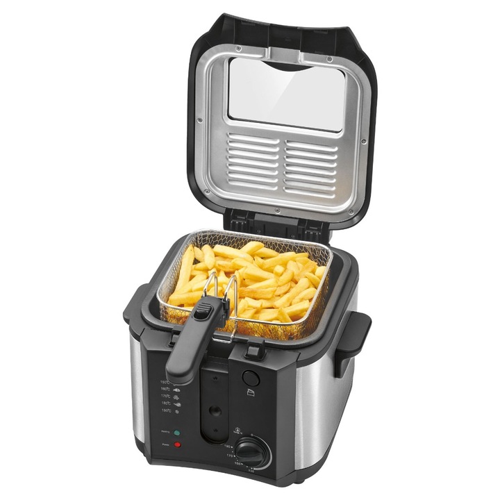 Маслен фритюрник Clatronic, регулируема температура 130-190°C, 1600W, 2.5 литра, 2 светлинни индикатора, неръждаема стомана, защита от прегряване, топлоизолиращи дръжки, компактен, черен