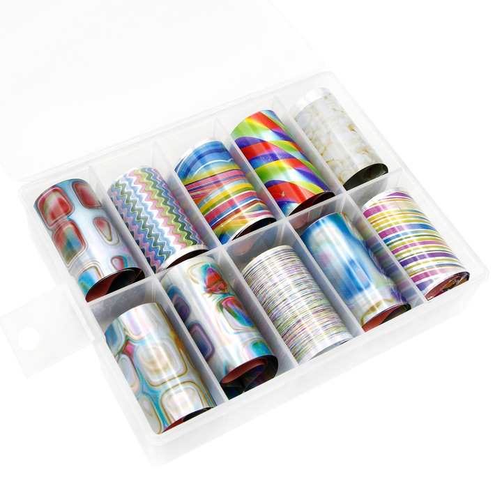 Set 10 decoratiuni unghii, Global Fashion, folii de transfer, abstractie, Culori diverse