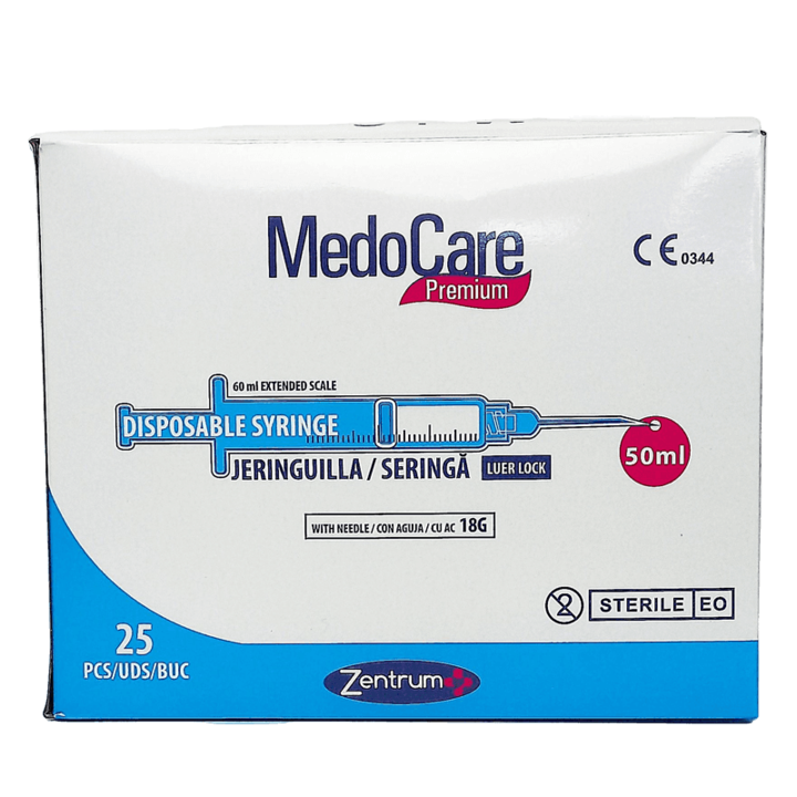 Комплект Спринцовка 50 ml / удължител 60 ml, luer lock, с игла 18 G, MedoCare, 25 бр.