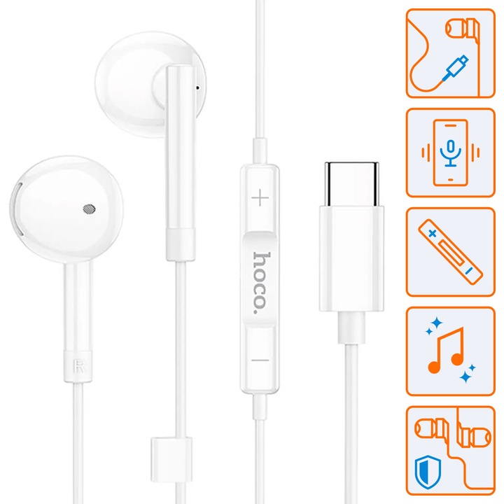 Casti HOCO stereo cu conector USB-C, 1.2m, comenzi si microfon pe fir, In-Ear design, compatibile Samsung, M95, Albe