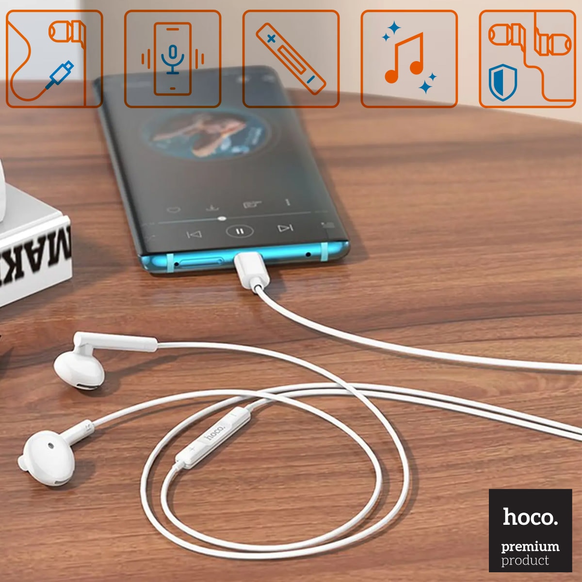 Casti HOCO stereo cu conector USB-C, 1.2m, comenzi si microfon pe fir, In-Ear design, compatibile Samsung, M95, Albe