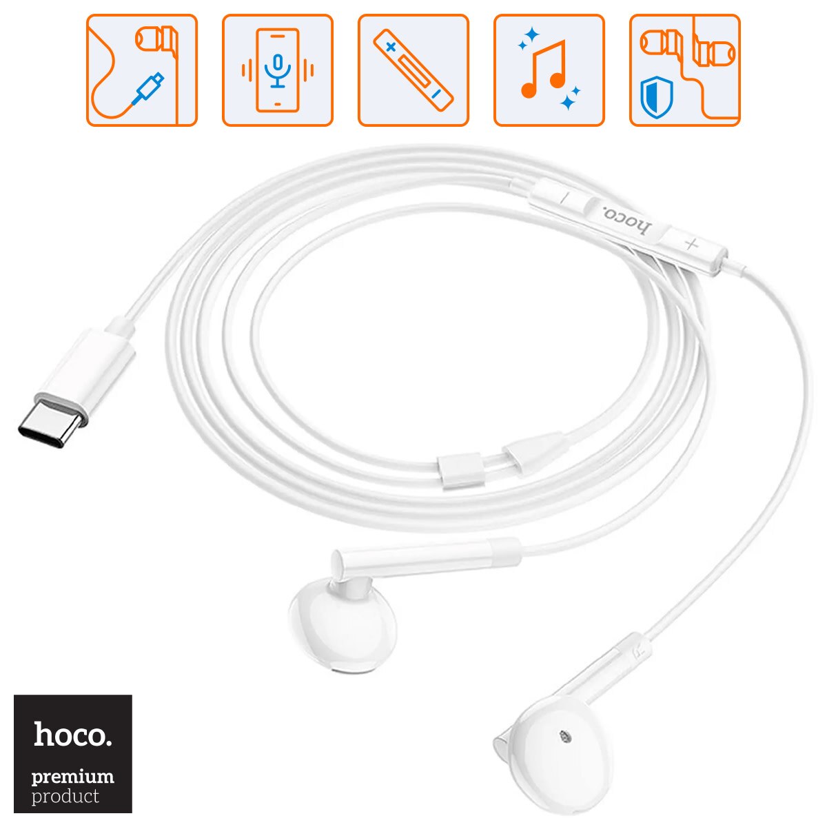 Casti HOCO stereo cu conector USB-C, 1.2m, comenzi si microfon pe fir, In-Ear design, compatibile Samsung, M95, Albe
