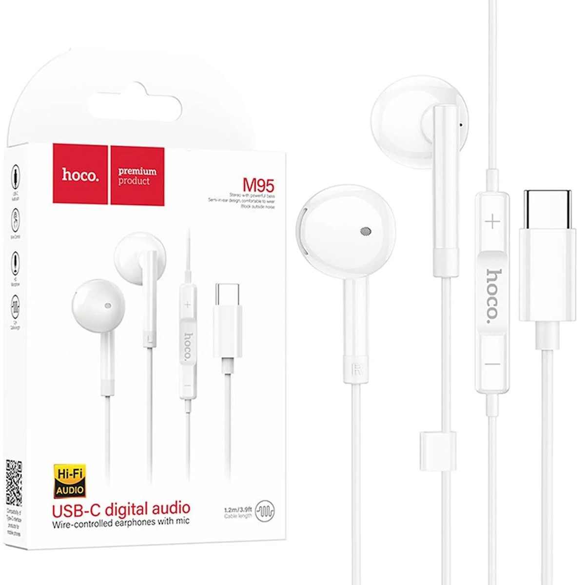 Casti HOCO stereo cu conector USB-C, 1.2m, comenzi si microfon pe fir, In-Ear design, compatibile Samsung, M95, Albe