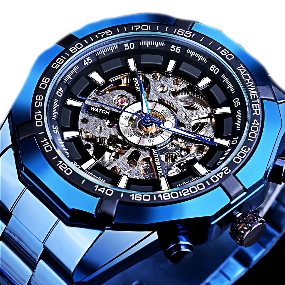 Ceas barbatesc Forsining automatic, bratara inox, albastru - eMAG.ro