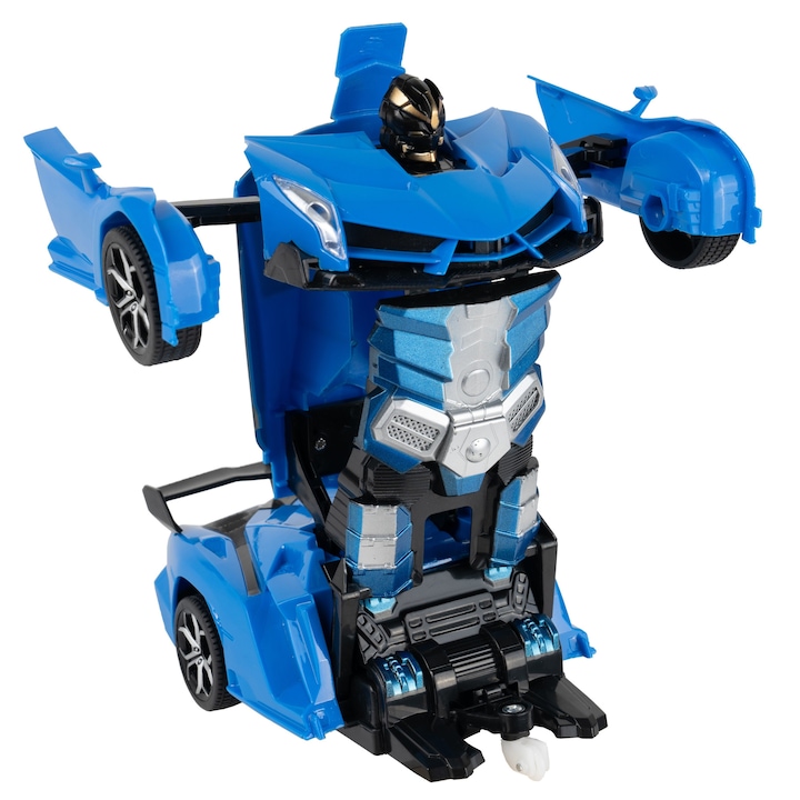 Jucarie Transformers, Auto Robot, Masina care se Transforma in Robot, Controlata prin Telecomanda, cu Lumini, Scara 1:18, Indiggo, 3ani+, Albastru/Gri