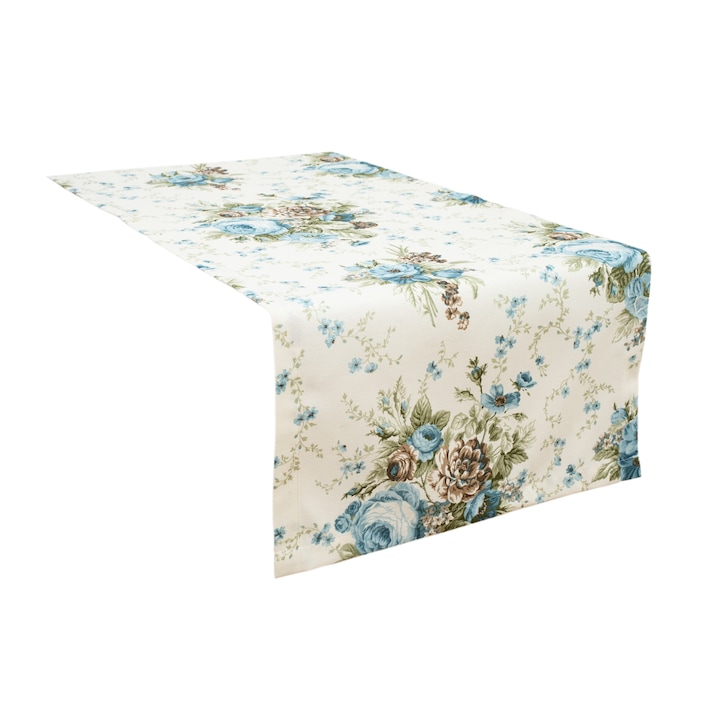 Napron anti-pete Bosfor Decor, model floral, 100% bumbac teflonat, albastru / crem, 50 x 120 cm