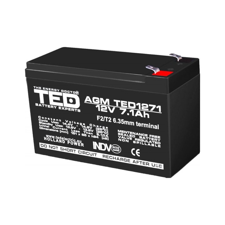 Акумулатор AGM VRLA 12V 7,1A размери 151mm x 65mm xh 95mm F2 TED Battery Expert Holland TED003225 (5)