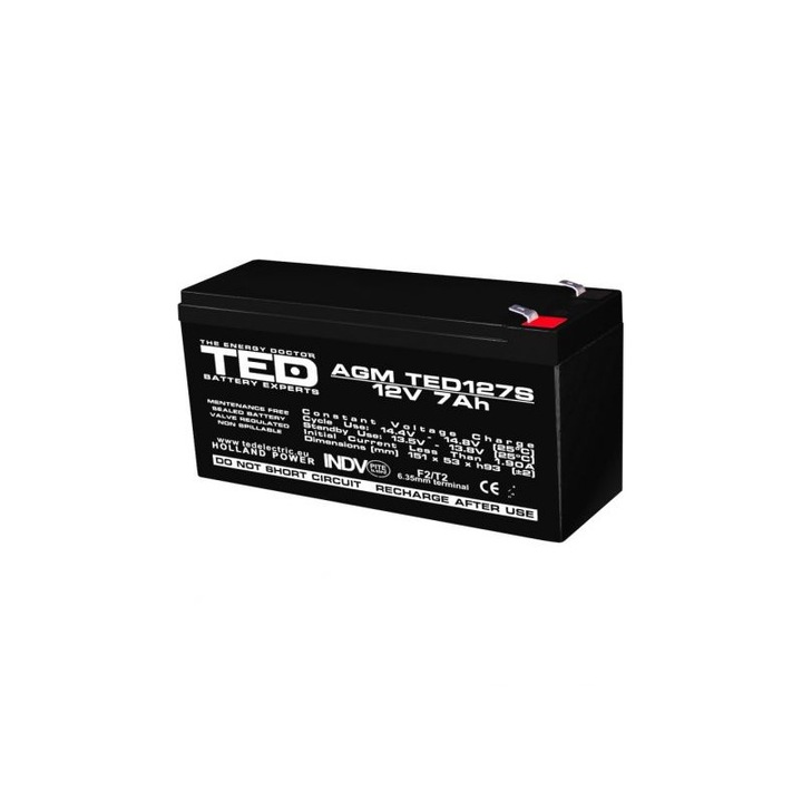 Acumulator AGM VRLA 12V 7Ah dimensiuni speciale 151mm x 53mm x h 93mm F2 TED Battery Expert Holland TED003195 (10)