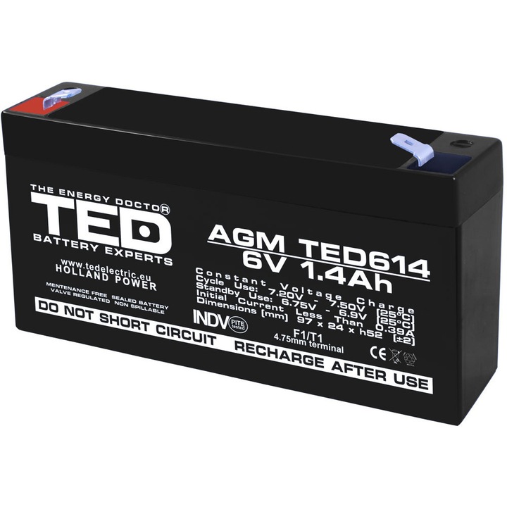 Akkumulátor AGM VRLA 6V 1.4A méretek 97mm x 25mm xh 54mm F1 TED Battery Expert Holland TED002839 (40)