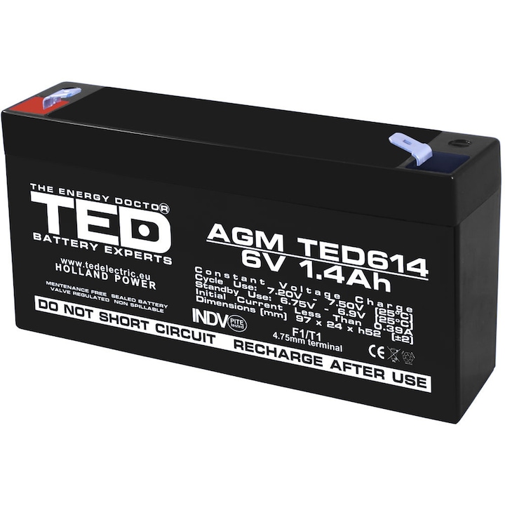 AGM VRLA батерия, 6V 1.4A, размери 97mm x 25mm xh 54mm, TED Battery Expert Holland