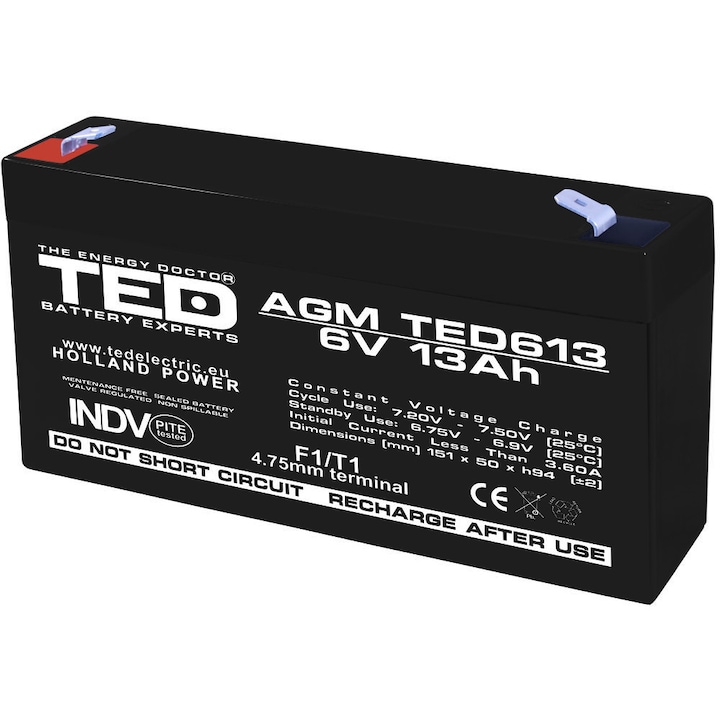 AGM VRLA батерия, 6V 13A, размери 151mm x 50mm xh 95mm, F1 TED Battery Expert Holland