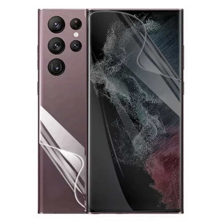 Set Folie Spate Clear-Ecran Privacy pentru Samsung Galaxy S23 Ultra, Silicon Hydrogel Regenerabil, Flexible Hydro-Crystal, Optim Solution, Full Glue, Instalare usoara