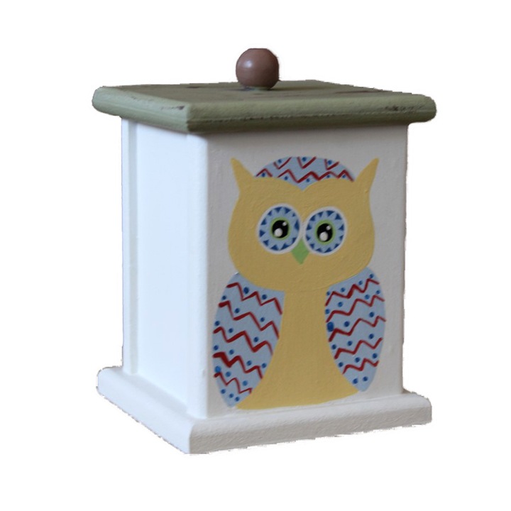 Recipient Bufnita din lemn pentru condimente, cafea, zahar, biscuiti, Multicolor, inaltime 14 cm