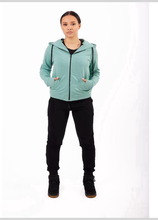 Trening dama CLANDESTINE bumbac cu gluga, pantalon negru, Verde Azur