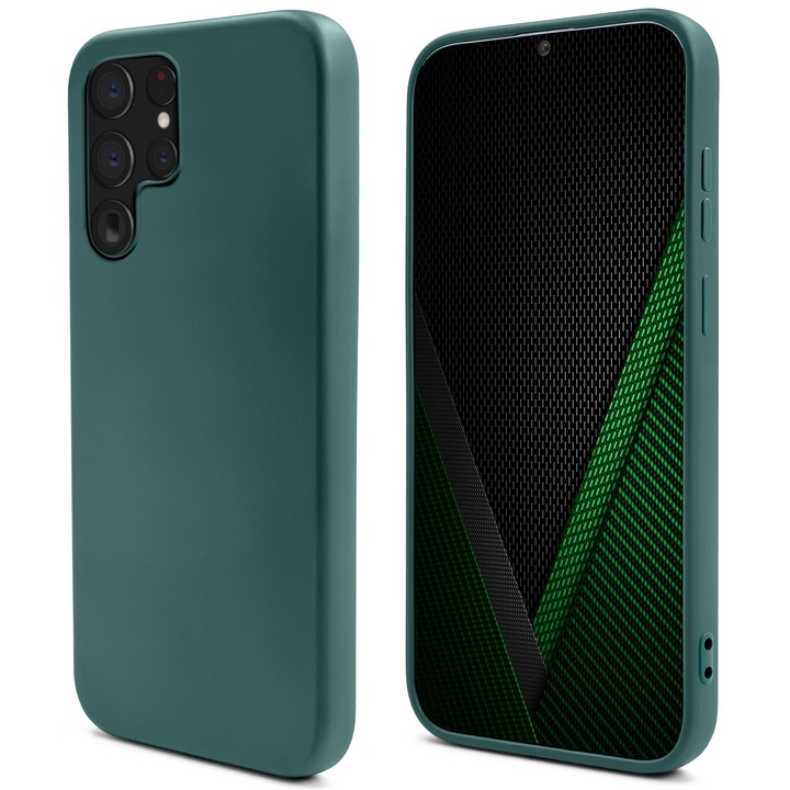 Силиконов калъф Moozy Premium за Samsung Galaxy S22 Ultra 5G, тъмно зелен, вътрешност от микрофибър