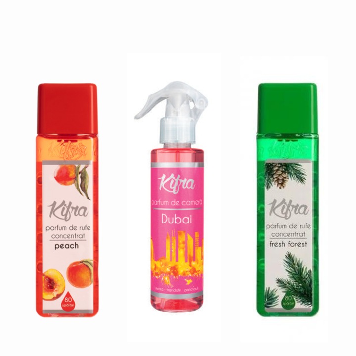 Kifra illatkészlet: Peach mosóparfüm, 200ml, 80 mosás + Fresh Forest mosóparfüm, 200ml, 80 mosás + Dubai szobaillatosító spray, 200 ml