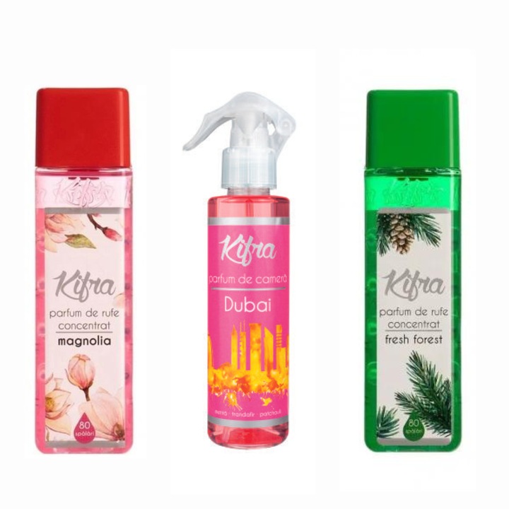 Kifra illatosító csomag: Kifra mosóparfüm, Fresh Forest & Magnolia, 2 x 200 ml, 160 mosás + Kifra szobaillatosító spray, Dubai, 200ml