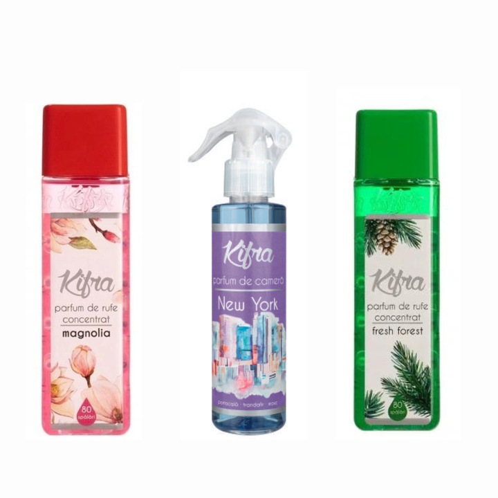 Kifra illatkészlet: Magnolia mosóparfüm, 200ml, 80 mosás + Fresh Forest mosóparfüm, 200ml, 80 mosás + New York szobaillatosító spray, 200 ml