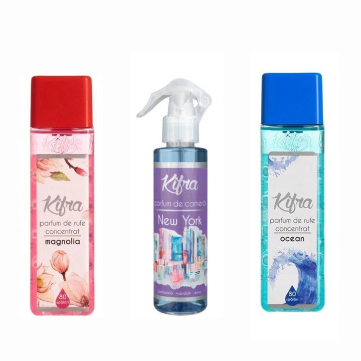 Kifra illatkészlet: Ocean mosóparfüm, 200ml, 80 mosás + Magnolia mosóparfüm, 200ml, 80 mosás + New York szobaillatosító spray, 200 ml