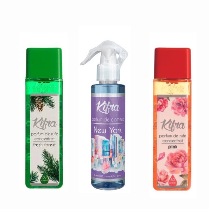 Kifra illatkészlet: Pink mosóparfüm, 200ml, 80 mosás + Fresh Forest mosóparfüm, 200ml, 80 mosás + New York szobaillatosító spray, 200 ml