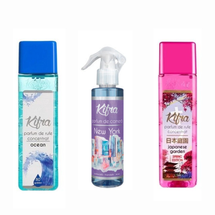 Kifra illatkészlet: Japenese Garden mosóparfüm, 200ml, 80 mosás + Ocean mosóparfüm, 200ml, 80 mosás + New York szobaillatosító spray, 200 ml