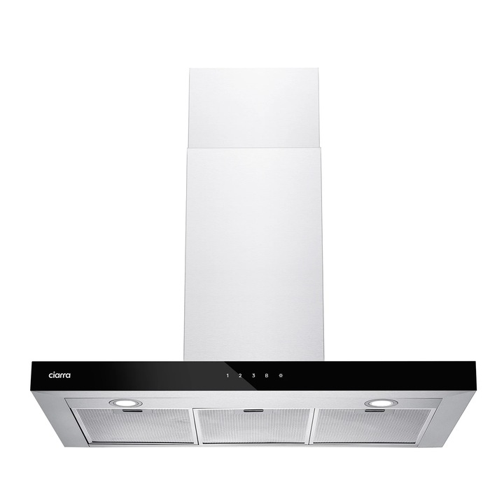Стенен аспиратор Ciarra, CBCS9102-OW, 90 cm, клас A++, ниска консумация, 4 нива на мощност, 650m³/h, Boost функция, сензорно управление, филтър с активен въглен