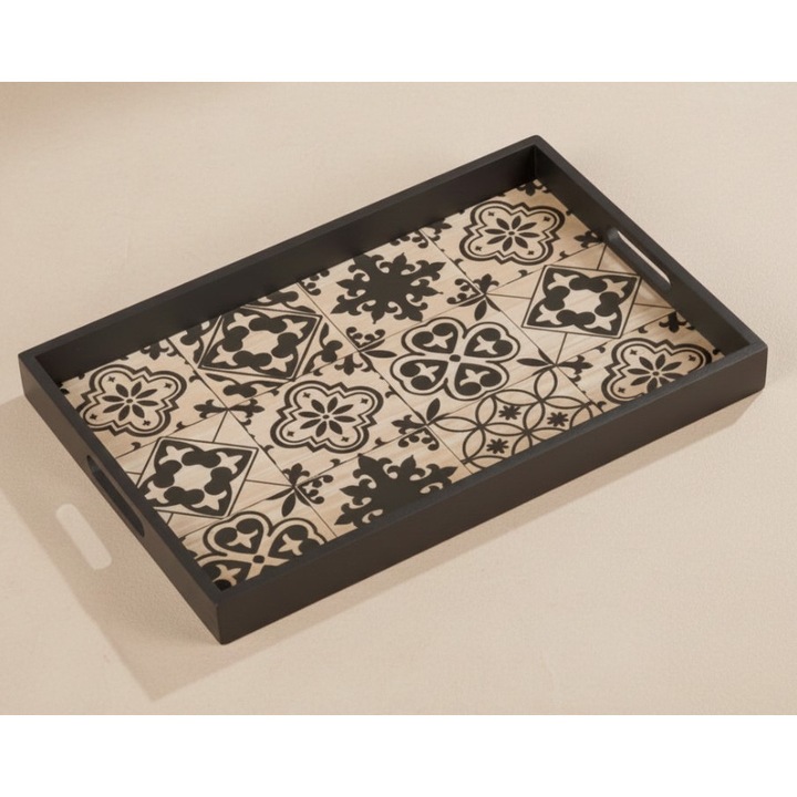 Tava de servire din lemn, cu manere, imprimeu negru, Syamag, 41x28x3 cm