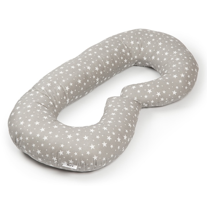 Perna gravide multifunctionala in forma de C cu husa detasabila - gri cu stele - 100x55 cm