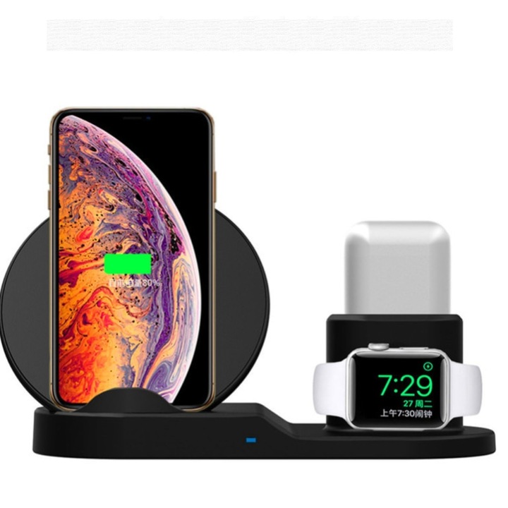 Incarcator Wireless tip Statie incarcare 3 in 1, pentru Telefon, Casti, Smart Watch, Incarcare rapida, Negru