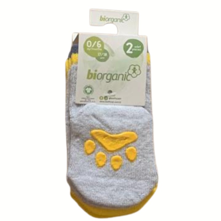 Детски чорапи, От органичен памук, Неплъзгащи се, Жълто/Сиви, Комплект от 2 чифта