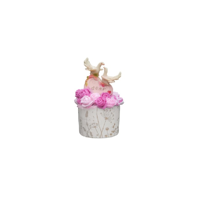 Decoratiune pentru interior, figurina rasina porumbei si flori de spuma, 15x8 cm, roz