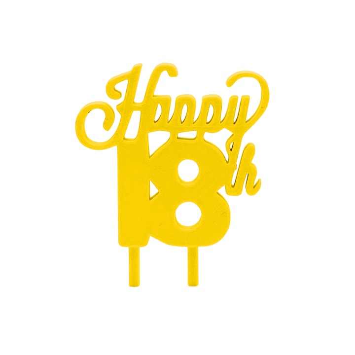 Декорация за торта "HAPPY 18", жълта 10 х 7,5 см