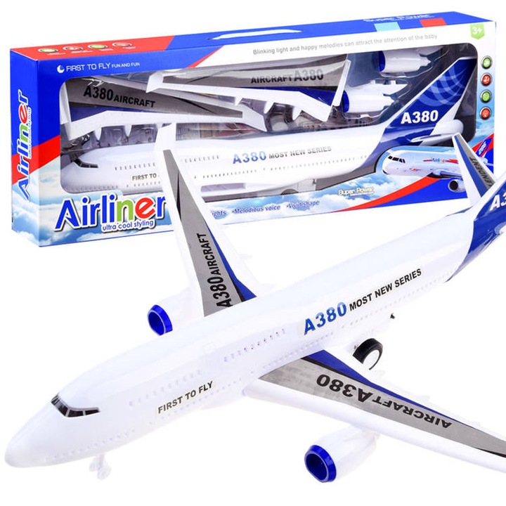 Avion jucarie cu sunete si lumini A380, Plastic, 66 x 63 x 11.5 cm, Albastru/Alb