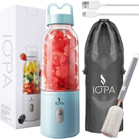 Mini Blender Electric IOPA™, Portabil si Multifunctional, Capacitate 500ml, Baterie reincarcabila 4000mAh, Putere 21.000rpm, 4 lame din otel, Perie de curatare, Husa de protectie, Albastru