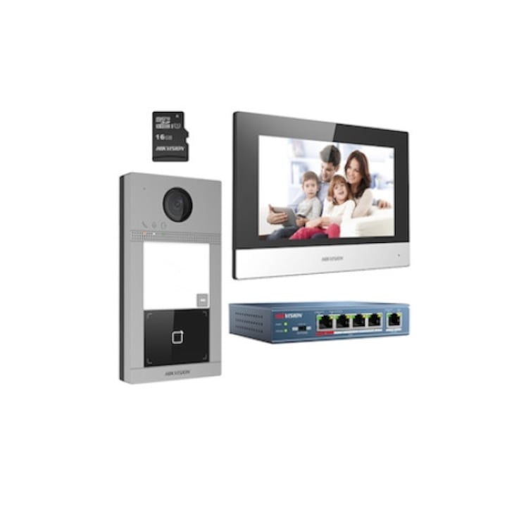 Kit videointerfon IP Hikvision 1 familie switch poe cartd TF 16 GB
