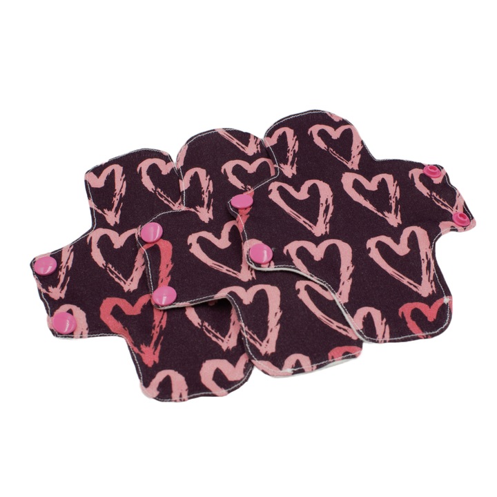 Set 3 Absorbante zilnice reutilizabile Eco, Bumbac, Model Inimi desenate, XS INTL