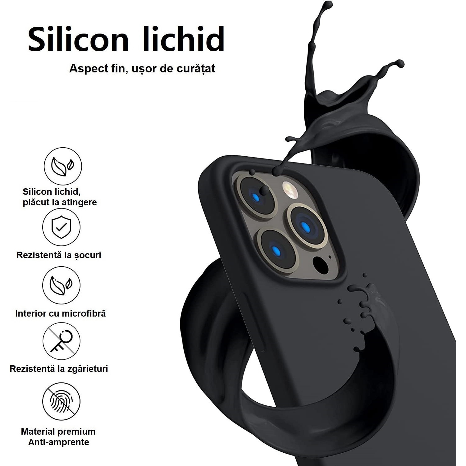 Husa de protectie compatibila cu iPhone 14 Pro Max, Black, Liquid Silicone, Ultra Slim, protectie din microfibra la interior