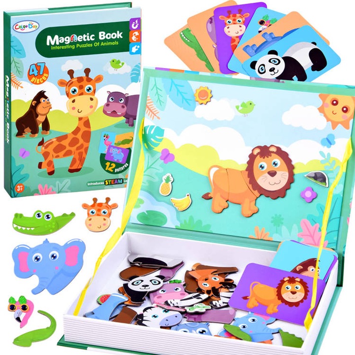 Puzzle magnetic set animale ZOO, 47 stifturi, cutie carton 26,5x19,5x4cm, multicolor