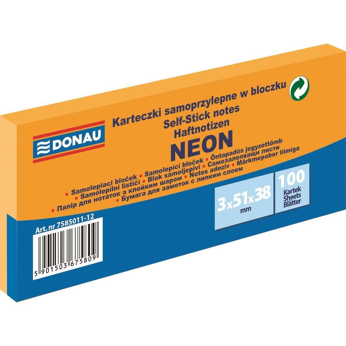 Notite adezive DONAU, 3 x 38 x 51 mm, portocaliu neon, 100 file