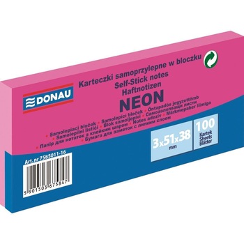 Notite adezive DONAU, 3 x 38 x 51 mm, roz neon, 100 file Notite adezive DONAU, 3 x 38 x 51 mm, roz neon, 100 file