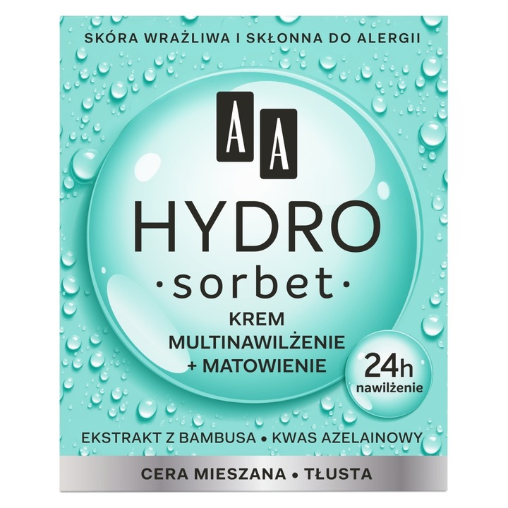 Крем за лице, AA, Hydro Sorbet, Матиращ, Смесена/мазна кожа, 50 мл, Тюркоаз
