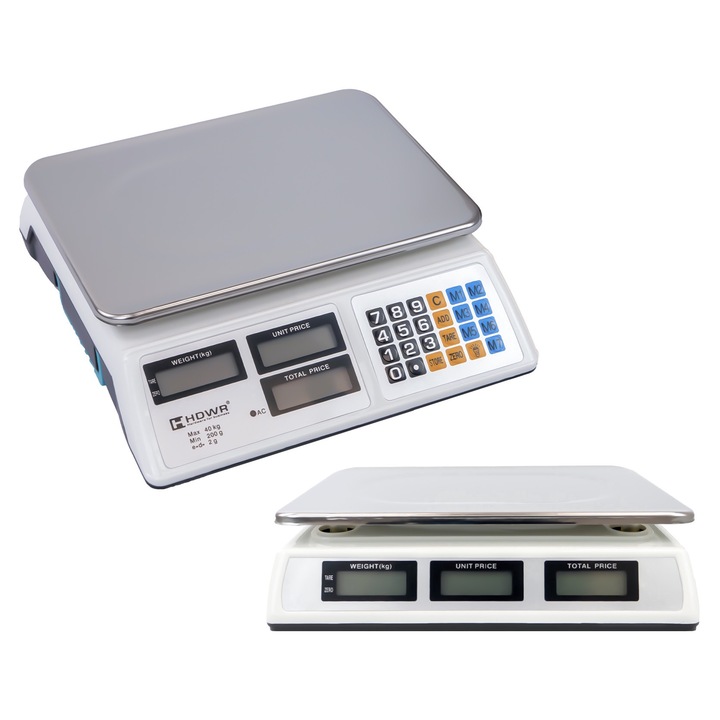 Cantar de magazin, electronic, capacitate de incarcare de pana la 40 kg, precizie +/- 2 g, platforma metalica robusta 320 x 320 mm, baterie reincarcabila 4000 mAh, afisaj digital, pana la cinci numere, fara fir, alb-argintiu, HDWR, wagPRO-S40