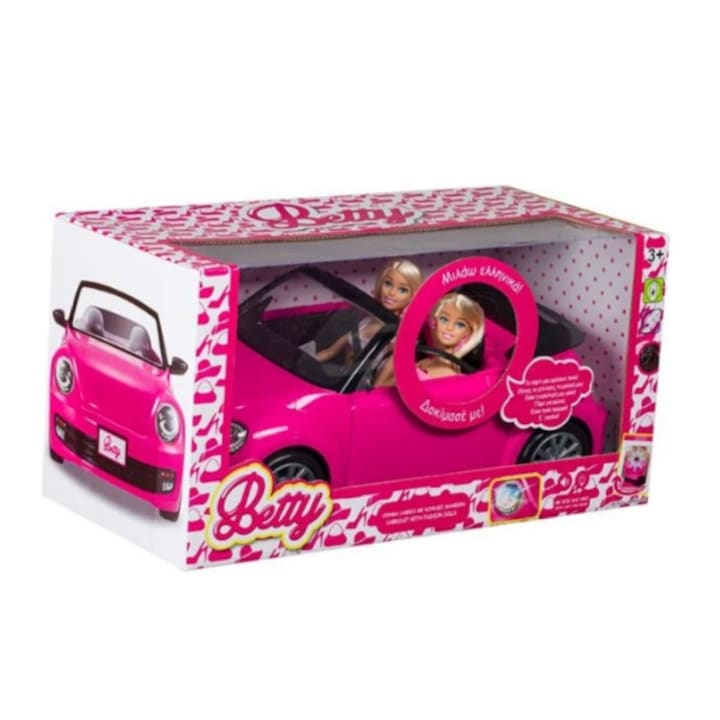 Set 2 papusi Betty si masina decapotabila, cu sunete si lumini, 18 x 12 cm Plastic, Roz